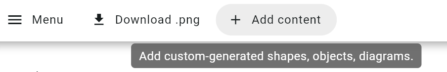 The Vexlio toolbar with the + Add content button and its tooltip: Add custom-generated shapes, objects, diagrams.