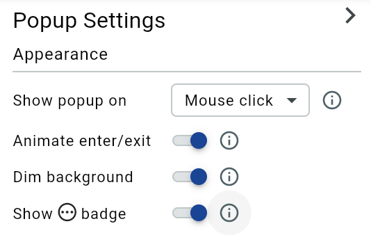 The Popup Settings panel with the Show popup on control set to Mouse click