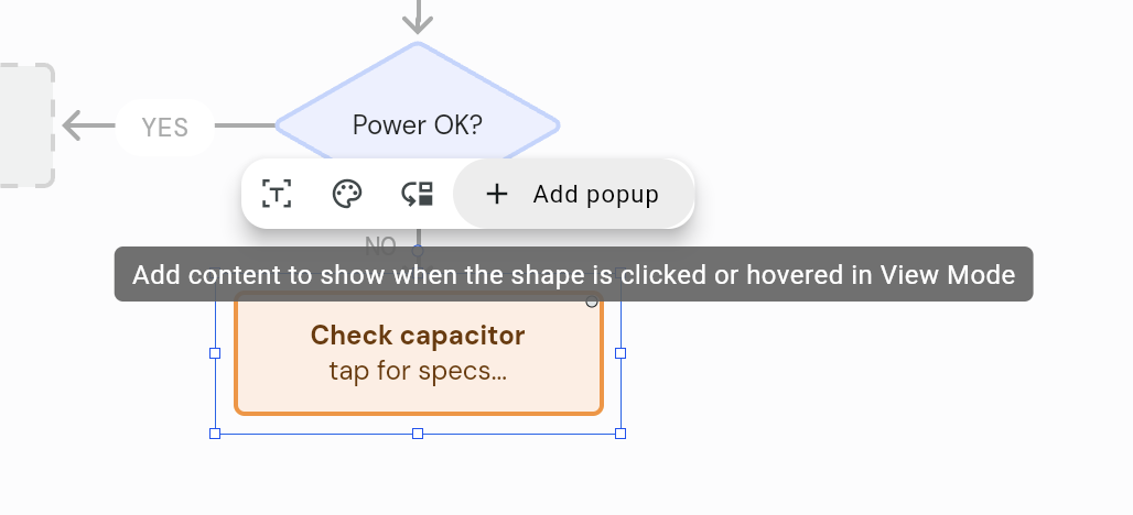 Selecting a shape and clicking Add popup in Vexlio, with a tooltip explaining that the content shows when the shape is clicked or hovered