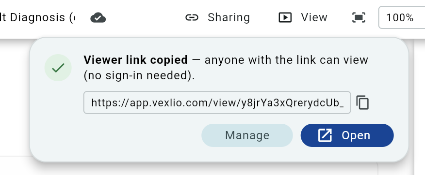 The copied viewer link ready to share, with no sign-in required